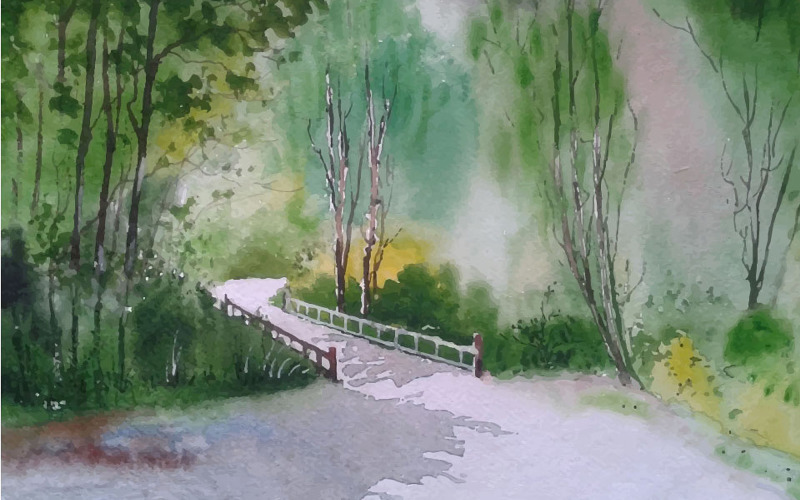 Akvarell gyönyörű út erdőben kézzel rajzolt illusztráció vektor
