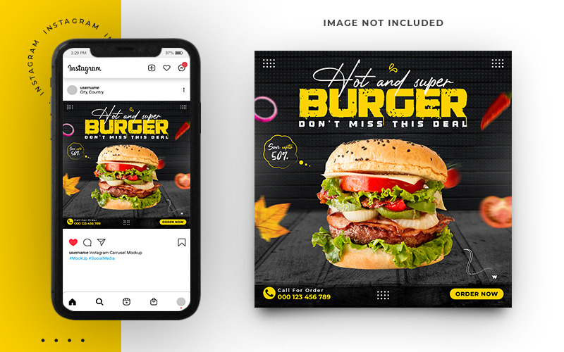 Design del modello di post sui social media per hamburger di cibo per ristoranti