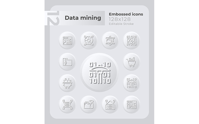 Conjunto de ícones em relevo de técnicas de mineração de dados