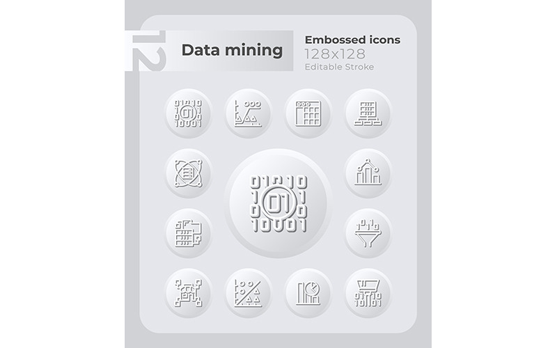 Conjunto de iconos en relieve de minería de datos