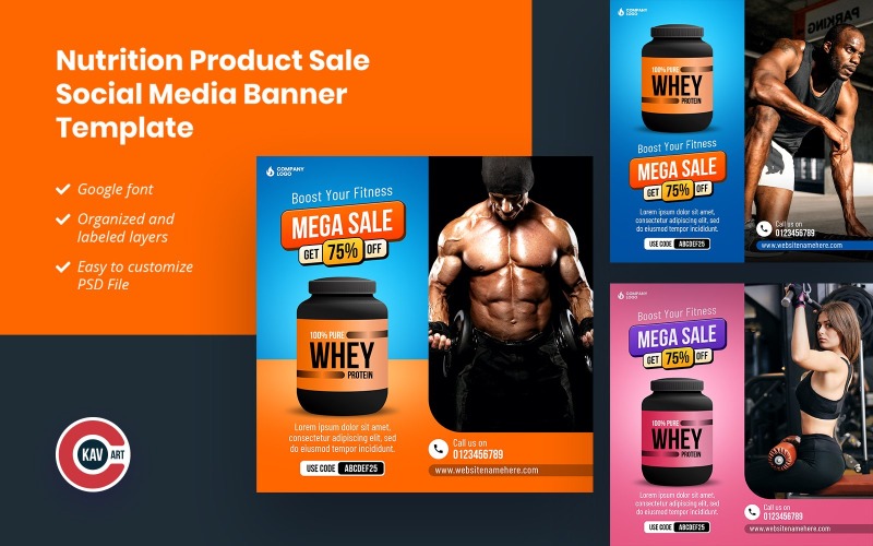Siłownia Fitness i odżywianie Sprzedaż produktów Szablon banera mediów społecznościowych