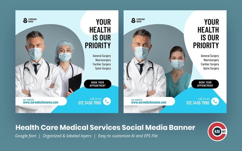 Bannière de médias sociaux de services médicaux de soins de santé