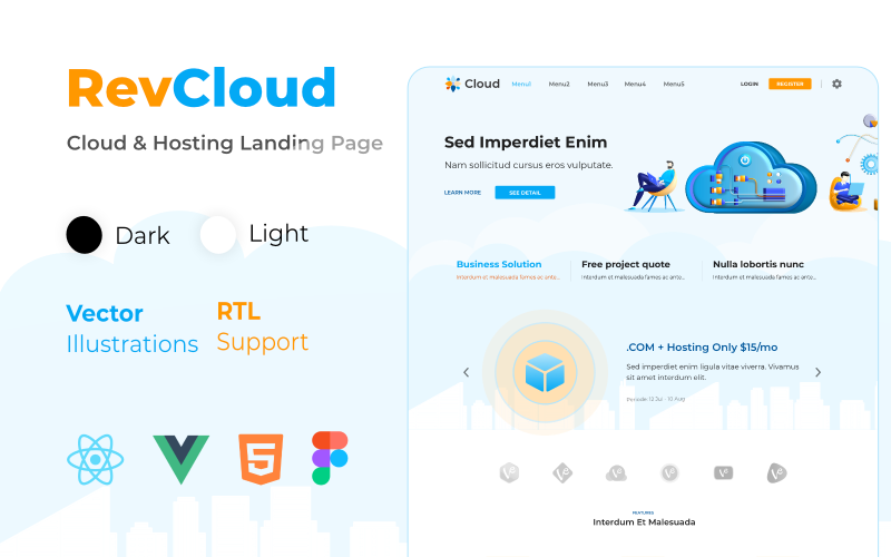RevCloud - Cloud Hosting HTML React Vue und Figma Landing Page Template
