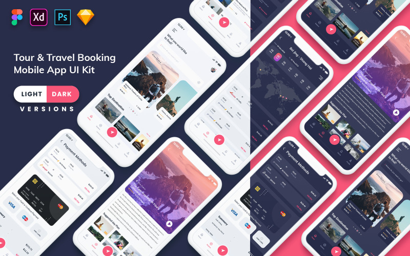 Interfaccia utente dell'app mobile per prenotazione di tour e viaggi (chiaro e scuro)