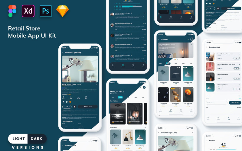 Kit interfaccia utente app mobile per negozi al dettaglio (chiaro e scuro)