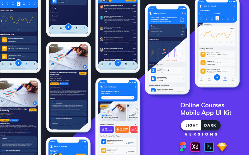 Набор пользовательского интерфейса мобильного приложения для онлайн-курсов (светлый и темный)