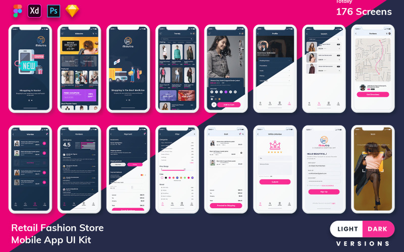 Uživatelské rozhraní mobilní aplikace Midastra-Fashion Shopping (světlé a tmavé)