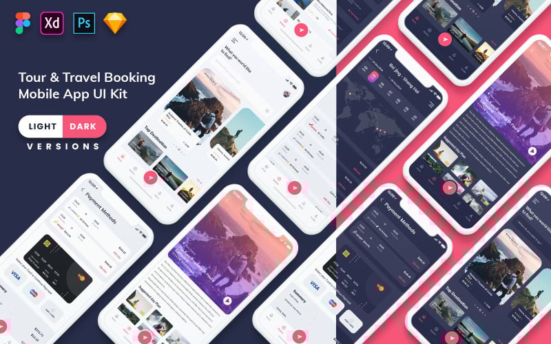 Uživatelské rozhraní mobilní aplikace pro rezervaci výletů a cestování (světlé a tmavé)