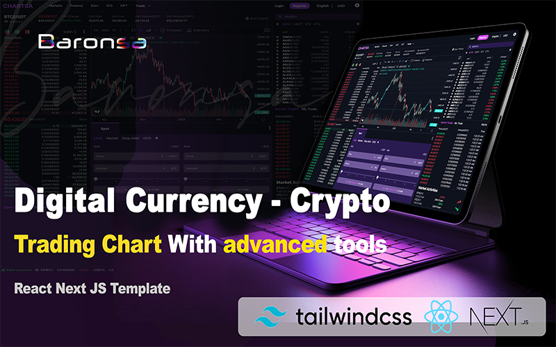 Chartsa - Графік крипто-торгівлі з розширеними інструментами React Next JS і шаблон Tailwind