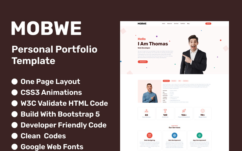 Mobwe - особисте портфоліо, односторінковий HTML-шаблон