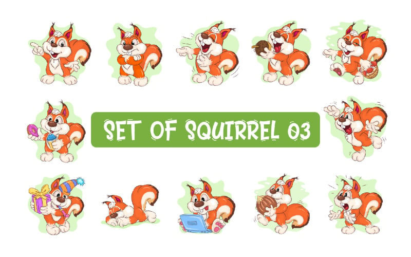 Set of Cartoon Squirrel 03. Crafting, T-Shirt, Sublimation. Vector