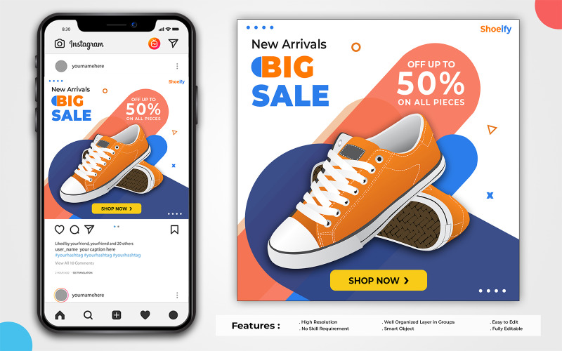 鞋子销售社交媒体帖子模板 Instagram 和 Facebook 帖子模板