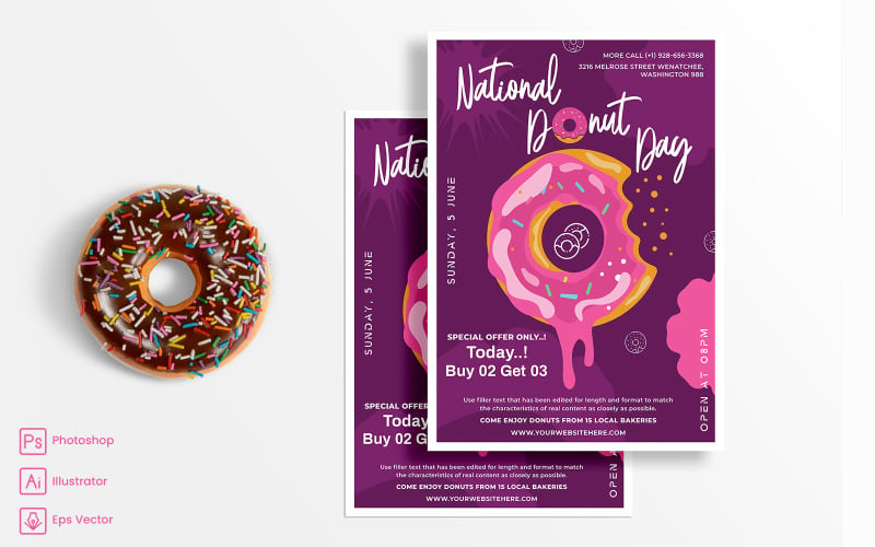 Impressão de Folheto do Dia Nacional do Donut e Modelo de Mídia Social