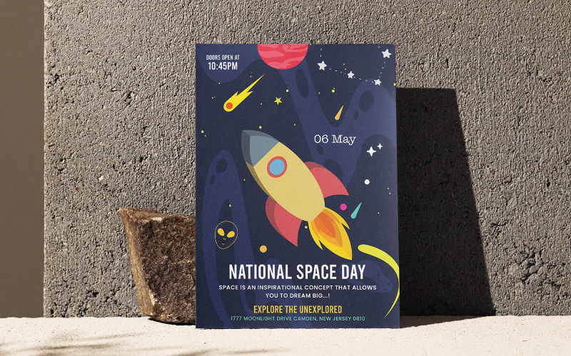 Narodowy wydruk ulotki z okazji Dnia Kosmicznego i szablon dla mediów społecznościowych