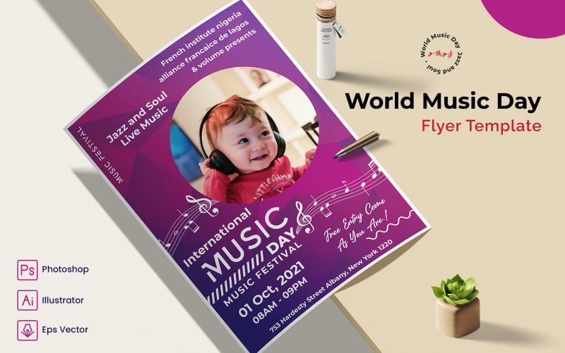 Печать флаера Международного дня музыки и шаблон для социальных сетей