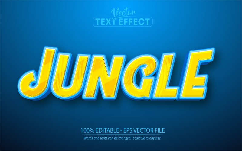 Jungle: efecto de texto editable, estilo de texto de dibujos animados amarillo y azul, ilustración gráfica