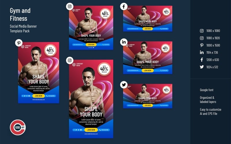 Social Media Banner Set for Gym and Fitness - 00193