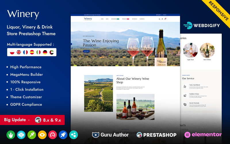 Vinařství - Alkohol, Vinařství Víceúčelový responzivní Prestashop obchod Elementor
