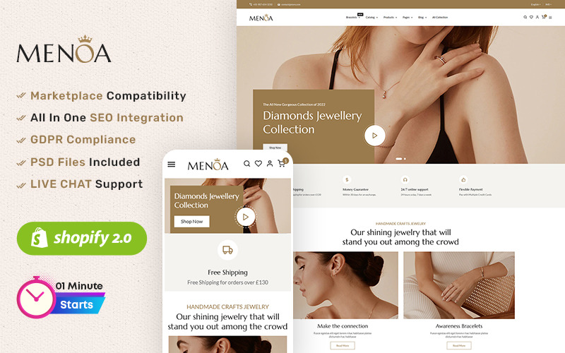 Menoa – Luxuriöser Schmuck und Imitation – Shopify Responsive Theme