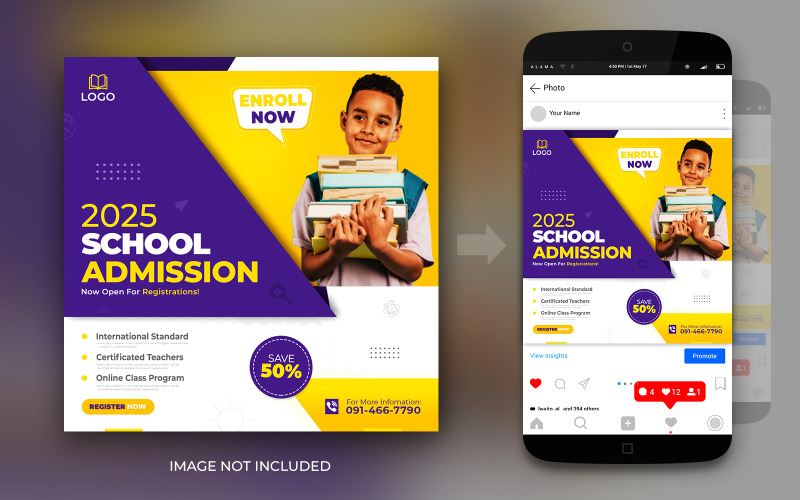 Modèle de conception de bannière de publication sur les médias sociaux Instagram et Facebook pour l'admission à l'école