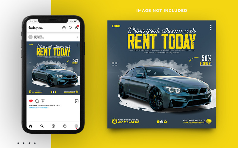 Autóbérlés Instagram-bejegyzés és webes szalaghirdetés sablonterve
