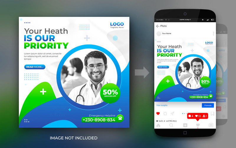 Flat Medical Healthcare Banner nebo Instagram sociální média Post Square Flyer Ads Design šablony