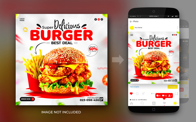 Modello di progettazione di banner per post di promozione alimentare per hamburger di formaggio fritto e pollo sui social media