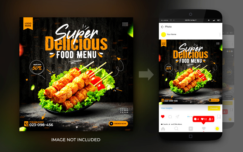 Post di promozione del menu di cibo delizioso sui social media e modello di progettazione del post di banner di Instagram