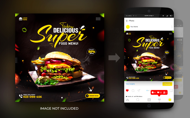 Sociala medier Super läcker hamburgare mat marknadsföringsinlägg och Instagram bannerdesignmall