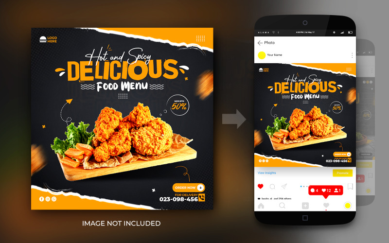 Teplé a pikantní jídlo Menu Sociální Media Propagace a Instagram Banner Post Design šablona