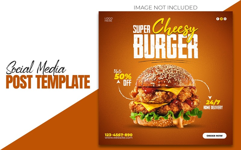 Propagační příspěvek a banner Super Cheesy Burger pro sociální média
