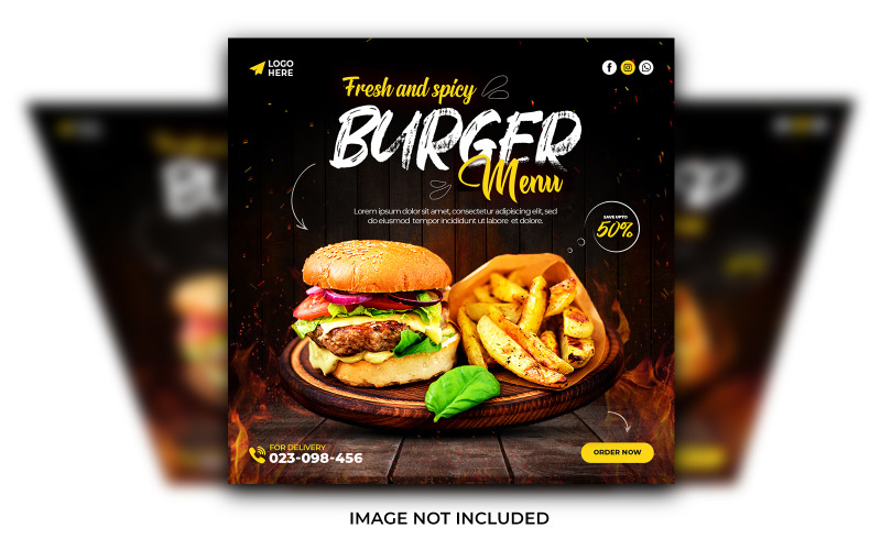 Publicación de promoción de alimentos en redes sociales y plantilla de diseño de publicación de hamburguesa de banner de Instagram