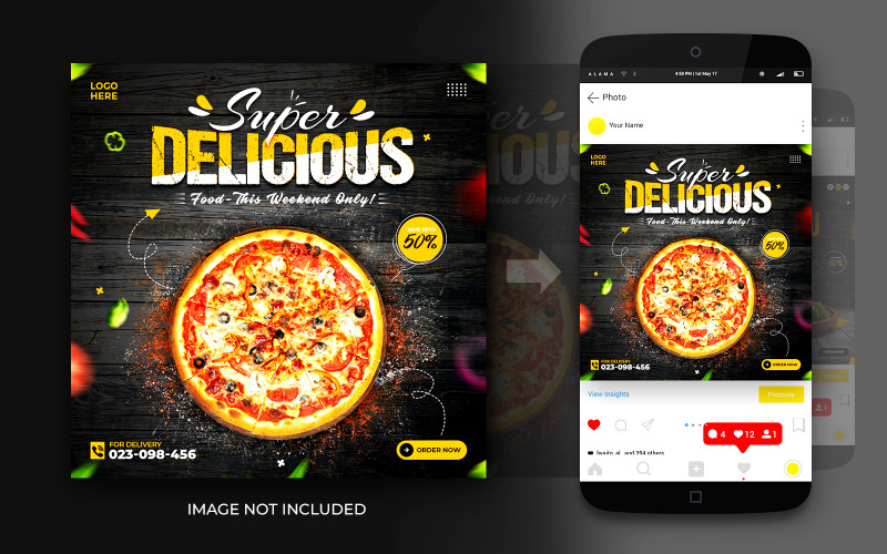 社交媒体超级美味比萨食品促销帖子和 Instagram 横幅帖子设计模板