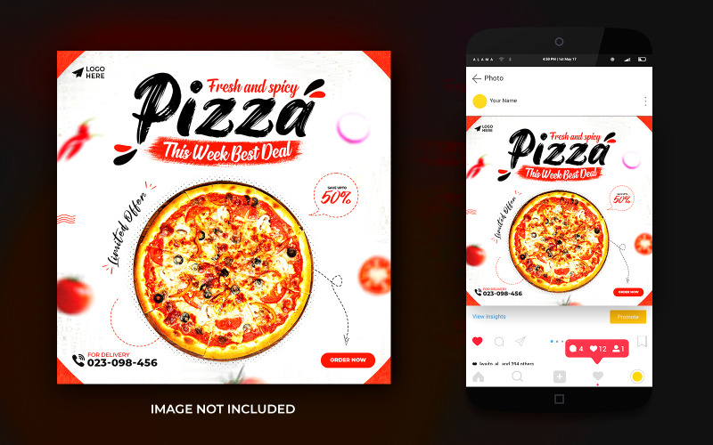 食品社交媒体推广和 Instagram 横幅帖子设计模板披萨食品帖子