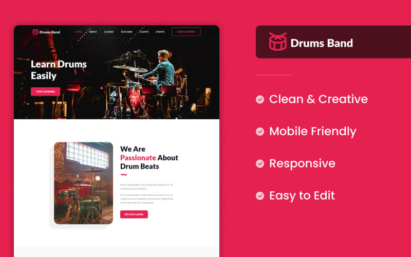 Drums Band Bootstrap Açılış Sayfası HTML Şablonu