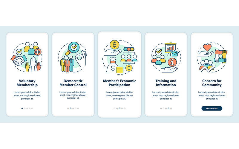 Schermata dell'app mobile per l'onboarding dei principi cooperativi
