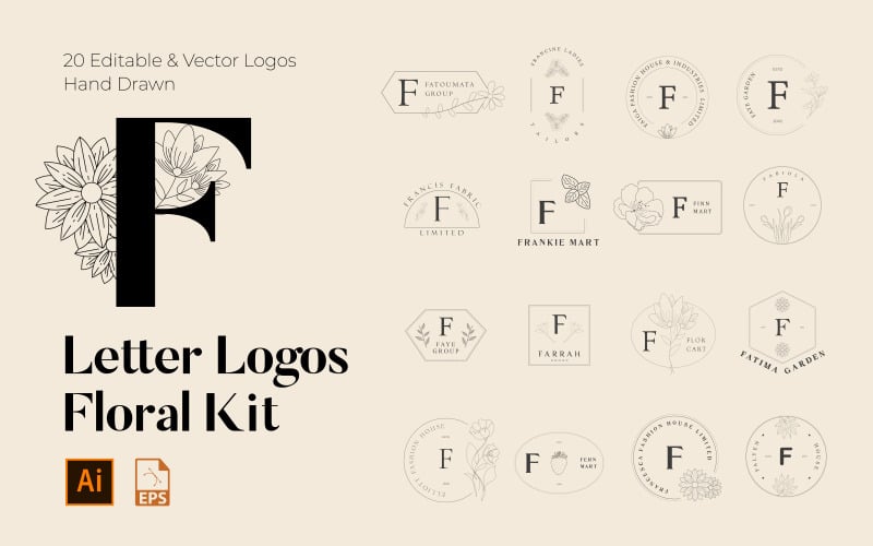 F Letter Floral Handgjorda logotyper kit