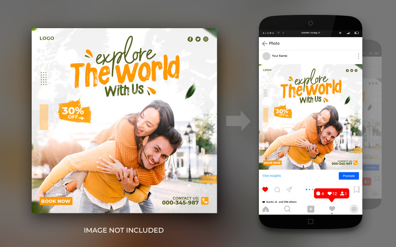 Приключенческие и туристические туры в социальных сетях Instagram или Facebook Post Banner or Flyer Design Template