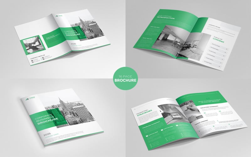 Conception de modèle de profil d'entreprise de 16 pages avec des formes de couleur jaune, conception de brochure multipage