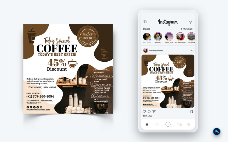 咖啡店促销社交媒体帖子设计模板-06