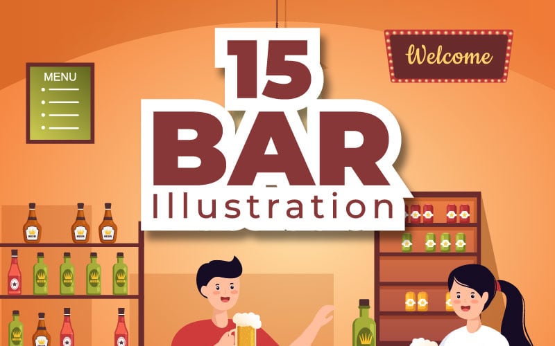 15 Ilustración de dibujos animados de bar o pub