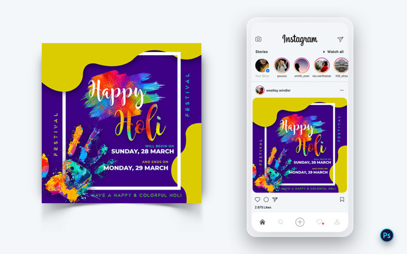 Plantilla de diseño de publicación de redes sociales Holi Festival-01