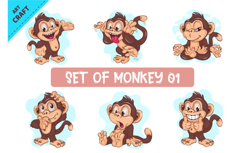 Conjunto de dibujos animados Monkey_01. Elaboración, Sublimación.