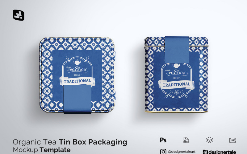 Mockup di imballaggio in scatola di latta per tè biologico
