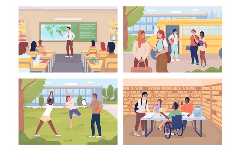 Conjunto de ilustración de rutina escolar diaria