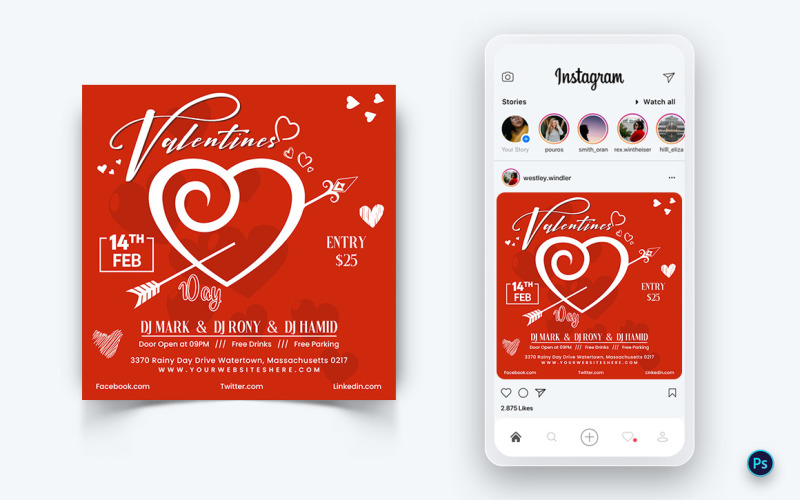 Шаблон оформления поста в социальных сетях для вечеринки в честь Дня святого Валентина-04