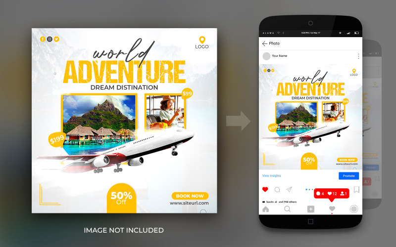 Adventure World Tour e Travel Dream Instagram o Facebook Post o Banner Design Template