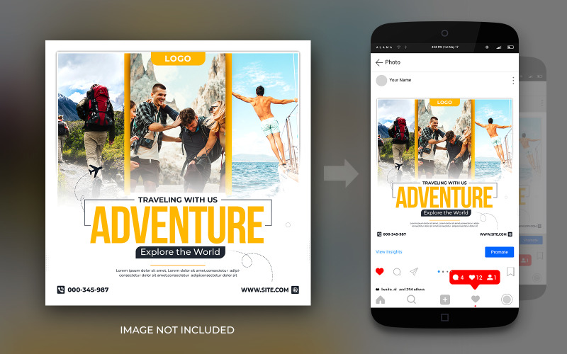 冒险旅行梦想假期和旅游社交媒体传单设计模板