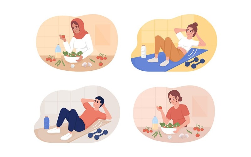 Conjunto de ilustración de rutina de ejercicio y dieta saludable