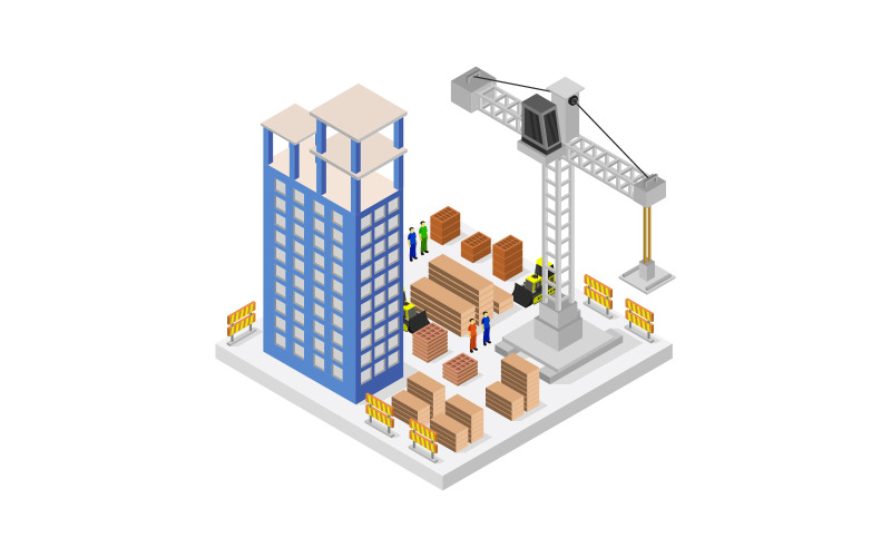 Edificio en construcción isométrico ilustrado sobre un fondo.